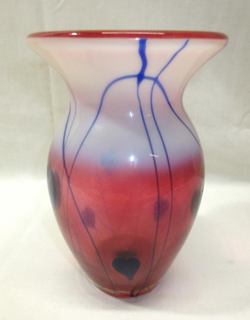 Cranberry Opal. Hanging Hearts Vase: Sgnd Gibson 6 3/4"T x 4 3/4"W
