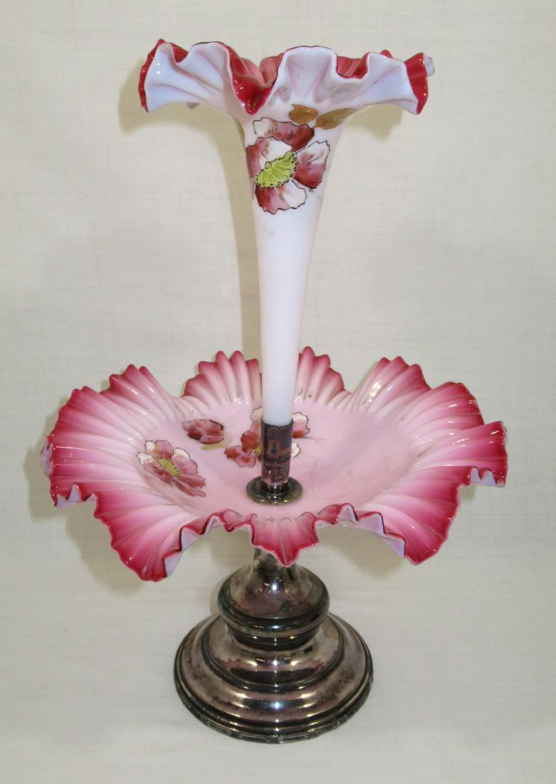 Victorian Enameled Cranberry Epergne: 15"T x 10 1/2"W