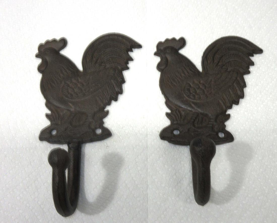 2 Cast Iron Rooster Hooks: 6 1/4"T x 4"W