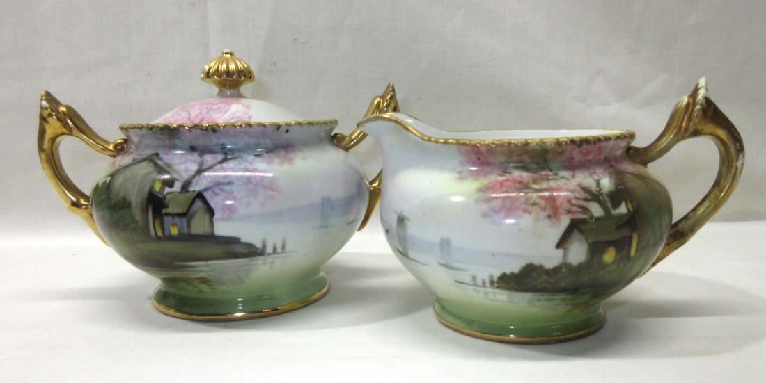 H.P. Nippon Cottage Scene Cream & Sugar: 3 1/2" cream, 4" sugar