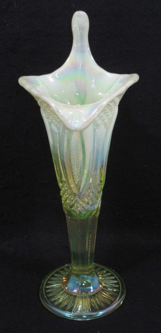 Vaseline Opalescent Jack in Pulpit Vase: 12 1/4"T x 4 1/2"W