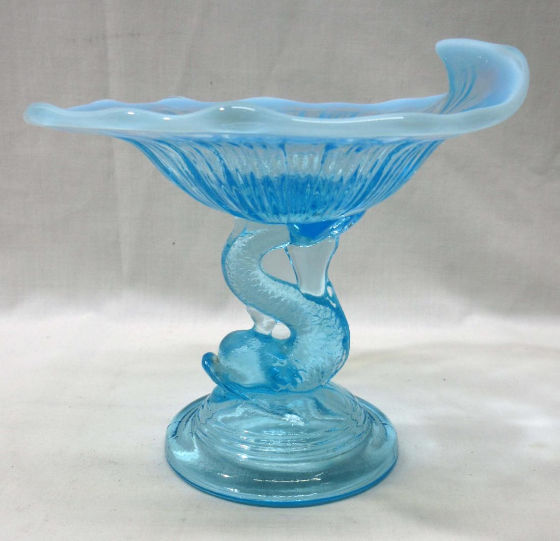 Fenton Blue Opalescent Dolphin Compote: 5 1/2"T x 6"W