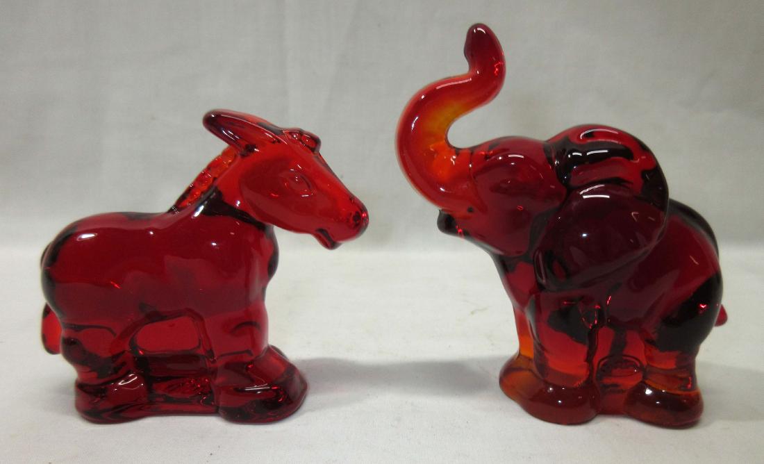 Fenton Ruby Elephant & Donkey: 3"T donkey, 4"T elephant