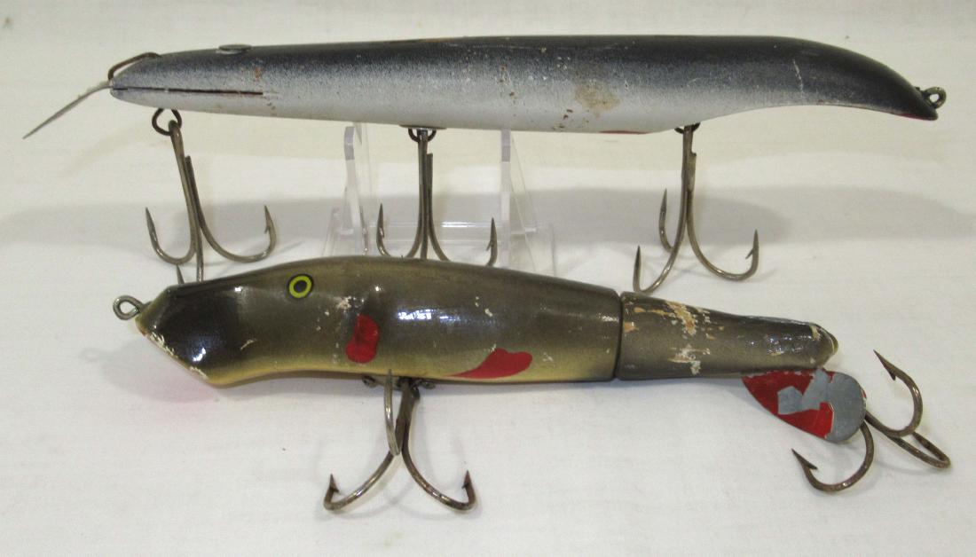 2 Wooden Musky Fishing Lures: 9"L & 6 3/4"L