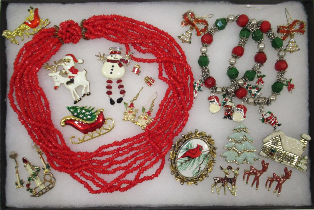 Vtg Christmas 17pc Jewelry: Inc. Red Glass Multi-strand Necklace, 2 Glass Bead Charm Bracelets, Flocked, Enameled Pins and More