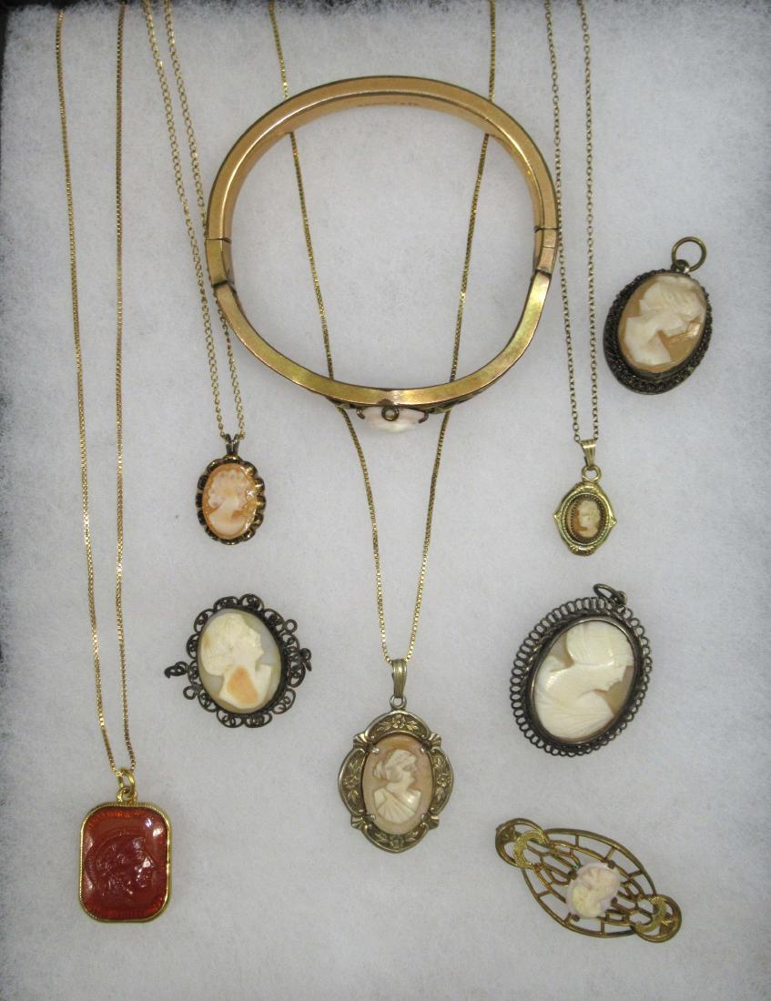 Victorian & Vtg Cameo's 9pc: Inc. Lovely 2 1/4" Openwork & Hollow Hinged Bracelet w/ Cameo Center Mrkd. S.O.Bigney & Co.- 1 1/4" Sterling Cameo on Ster Chain. Some 12kt G.F.'d Chains
