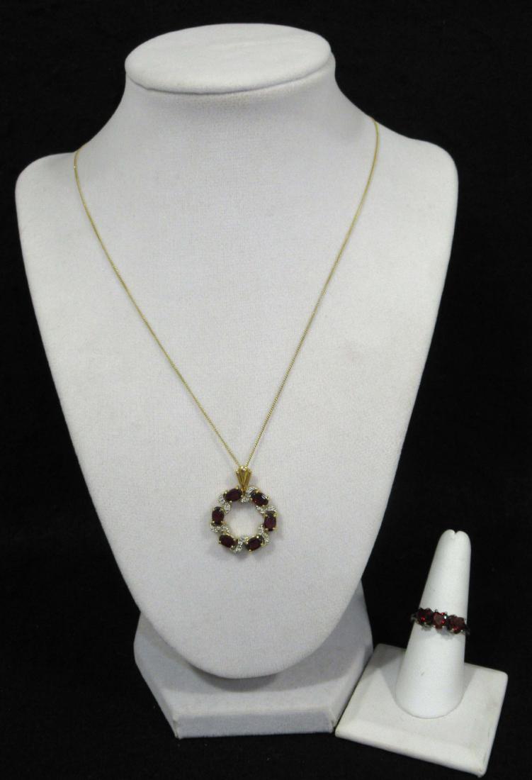 Pretty Sterling & Garnet Necklace & Ring: Inc. 1 3/16" Garnet & Rhin. Pendant Sterling Vermeil on 18" Ster. Fine Chain.- Sz. 9 Sterling Ring w/ 3 Heart Garnet Stones