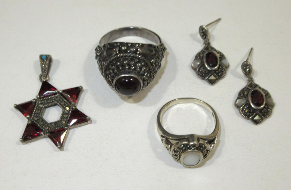 4pc. Marcasite & Garnet Jewelry: Inc. 1 7/16" Garnet/Marcasite/Turq Pendant- 15/16" Garnet/MOP/Marcasite Earrings - Sz. 6.5 MOP & Marcasite Ring- Sz. 10 High Domed Garnet Ring Mrkd. .925 ID SSP
