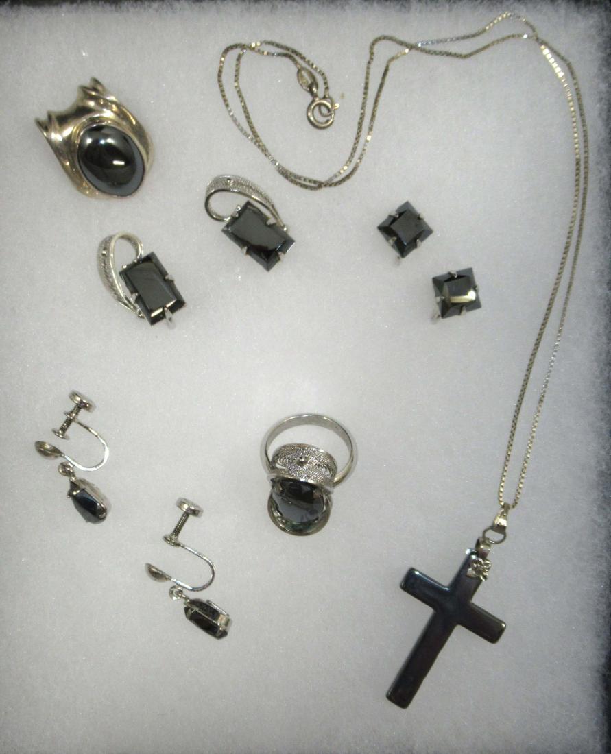 Sterling Hematite Jewelry, 6pc: Inc. Sz. 5 1/2 Ring, 1 1/2" Cross on Ster. 18" Chain, 7/8" Pend. & 3 pr.s of Screwback Earrings. All Sterling