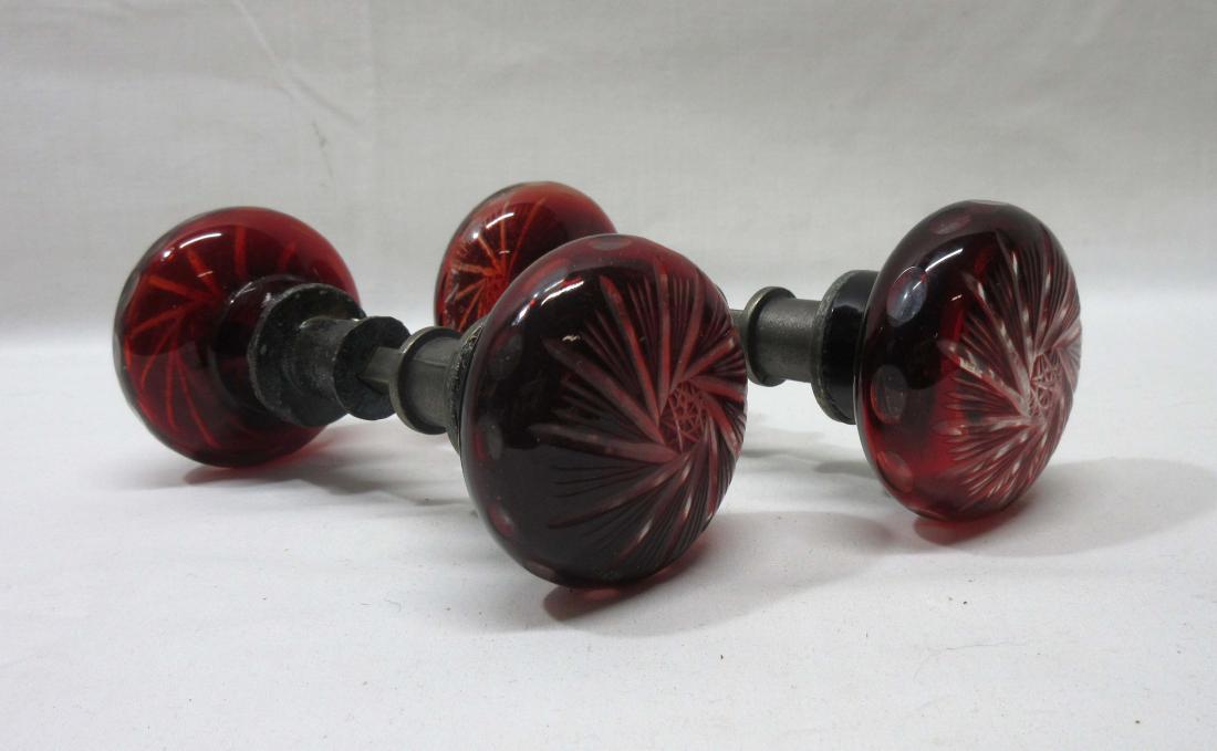 2 Pr Red Glass Cut to Clear Door Knobs: 5" x 2"