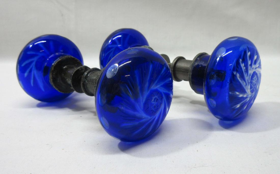 2 Pr Blue Glass Cut to Clear Door Knobs: 5" x 2"