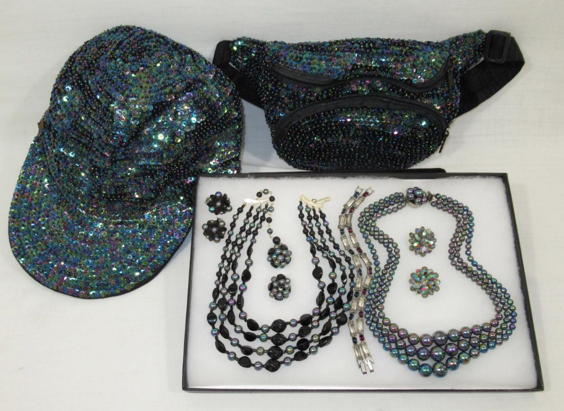 Carnival Beaded Neck's & Sequined Cap & Bag!!: Inc. 4 Strand Black Glass/Carnival Bd Choker w/ 2 pr.'s of Earrings- Lucite 3 Strand Iridescent Bead Neck. w/ AB Chrystal Bead Earrings.- 2 Silvertone/Rhinestone Bracelet's - Carnival Sequined Cap & F