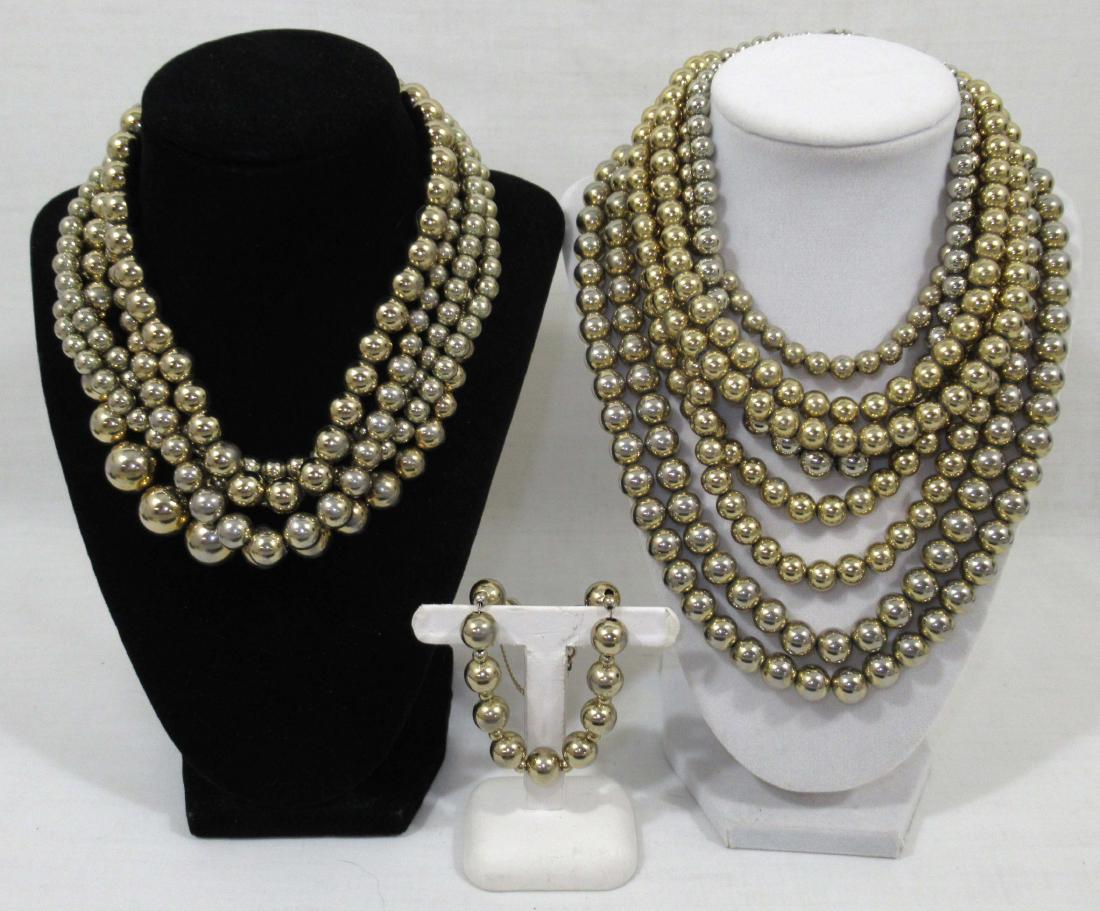 Signed MONET Gold Ball on Chain Neck's 10pc: Inc. 12" to 24" Single And Double Gold Ball on Goldtone Chain Necklaces Sgnd. MONET Plus 7" Bracelet.