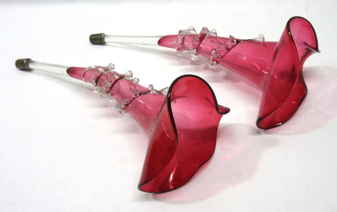 2 Antique Vict. Cranberry Epergne Flutes: 10"L x 4 1/4"W