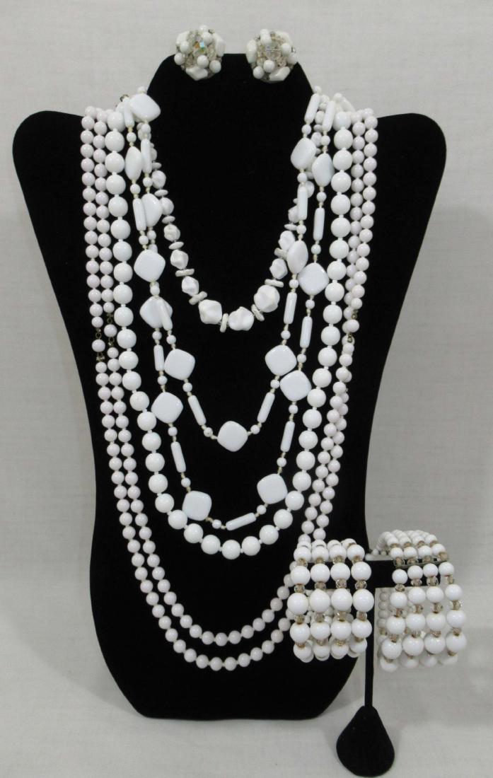 Vtg Milk Glass Jew. H.T.'d, Coil Bracelet +: Inc. 14", 24", 50 1/2" & 61" Milk Glass Necklaces- (2) 4 Strand Milk Glass Bead Coil Bracelets & Pr. Of 1" Earrings