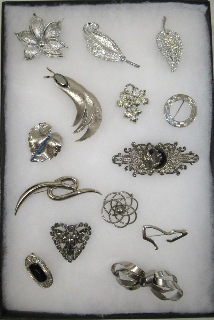 14 Vtg Silvertone Pin's Hematite, Rhinestone Etc: Inc. 3 1/4" Hematite Pin- 3 1/2" Lucite Dimensional Pin- 1 3/4" Black Diamond Rhinestone Pin- Blue/Clear Rhin. Pin's & More