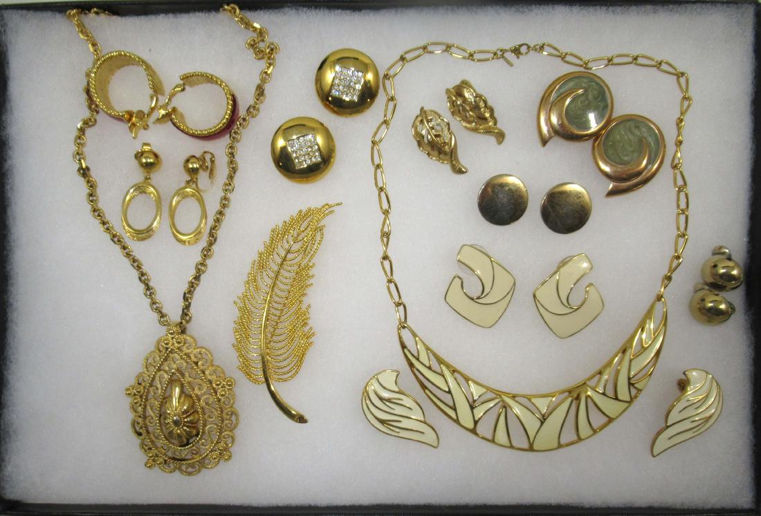 Monet-Trifari- 12pc Goldtone Jew.: Inc. 22" w/ 2 3/4" Openwork Pendant Necklace (needs cleaning)- 1" & 1 1/2" Trifari Earrings- Enameled Monet Choker Set, Pin & 6pr.s of Earrings