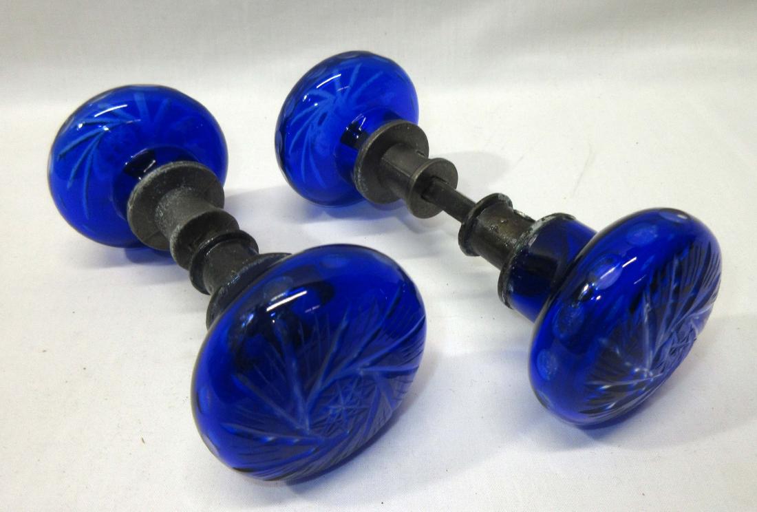 2pr Cobalt Cut to Clear Door Knobs: 5" x 2"