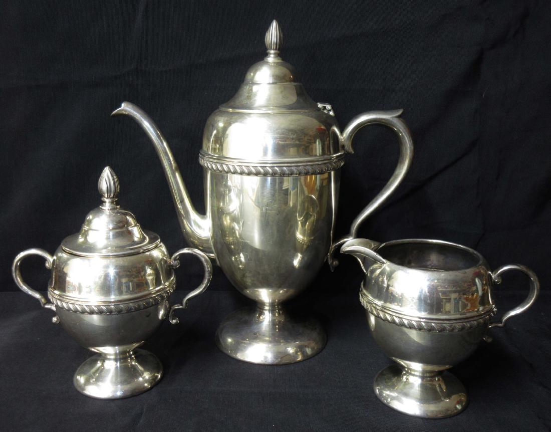 3pc Silver on Copper Tea Set: 10" pot, 6 1/2" sugar, 4" cream