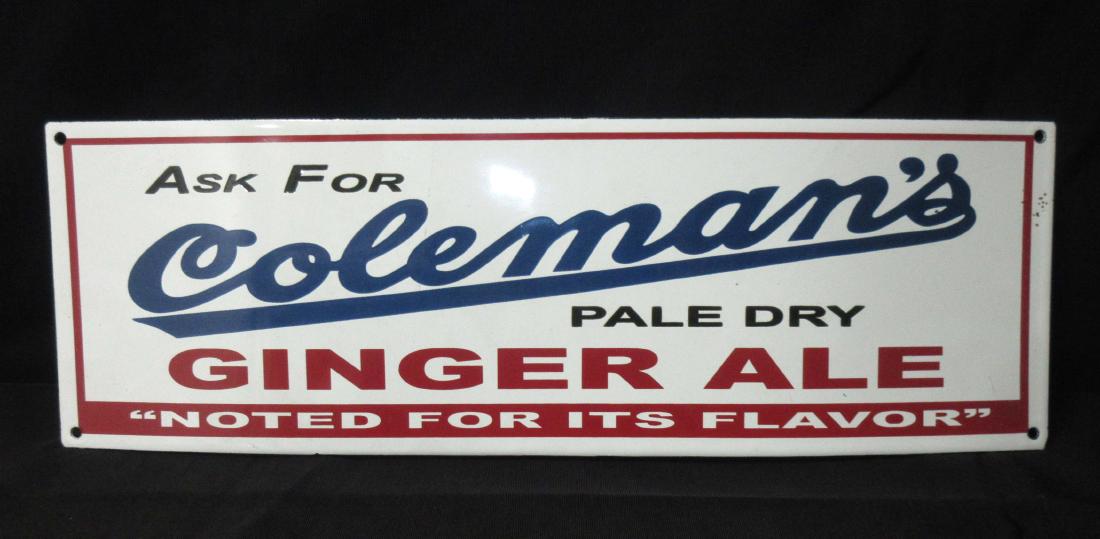 Porcelain Coleman's Ginger Ale Advertising Sign: 17 x 5 1/2"