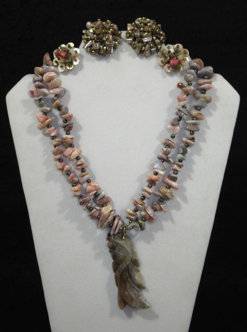 Vtg Crvd Koi Soapstone Pend/Abalone Neck: 20" Double Strand Polished Abalone & Stone Bead Necklace w/ 3" Beautifully Carved Koi Soapstone Fish.