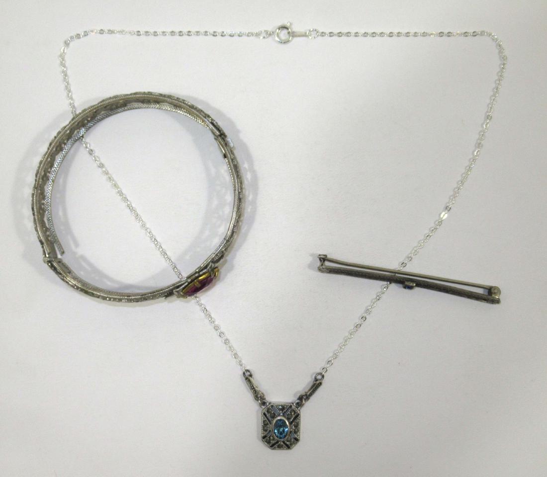 Delicate Tourmaline, Rhin. 3pc Jewelry: Inc. 2 1/2" Lovely OpenWork Tourmaline Bracelet- 2 1/4" Openwork Bar Pin w/Tourmaline Stone & 1/2" Blue Rhinestone Openwork Pendant on 16" Chain.