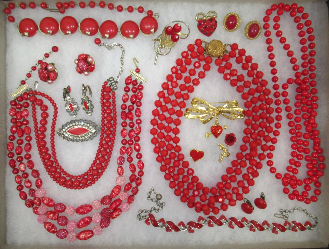 16pc VALENTINE Red Vtg. Jewelry: Inc. 12" -18" Stranded Necklaces w/ Earrings- 22" 4 Strand Lucite Bead Necklace w/ Goldtone Clasp- 16" Enameled Choker- 54" Beaded Necklace & 17" Choker