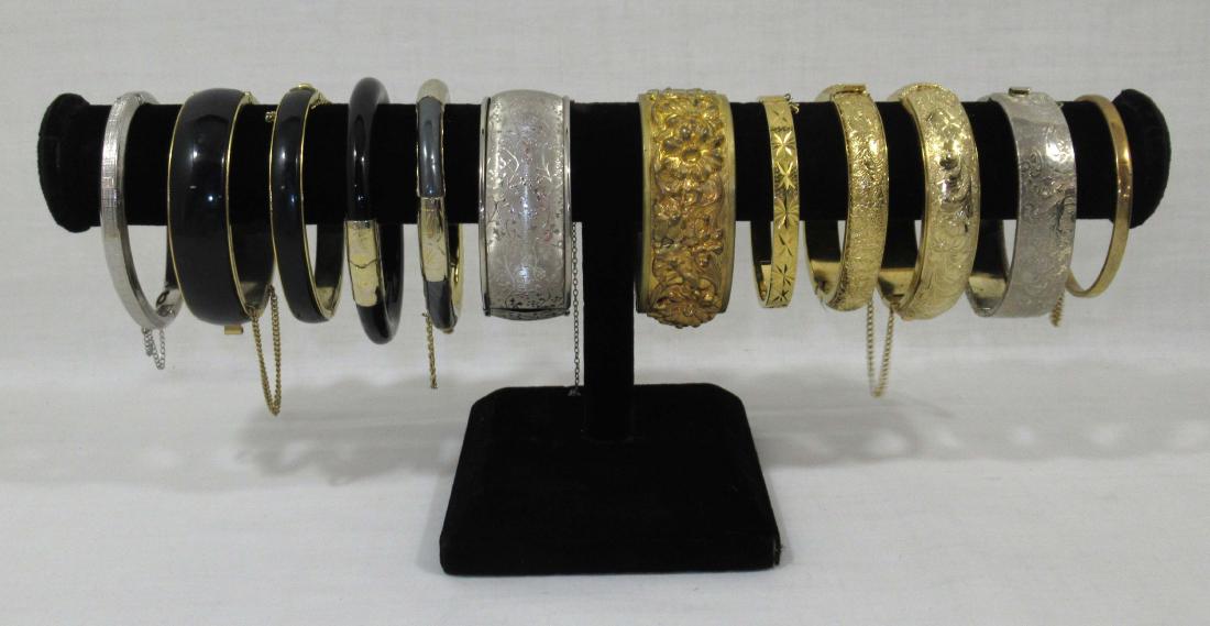 12 Vtg Hinged Silver/Goldtone Bracelets: Inc. Repose, Stamped, Overlay. Some In Need of their Safety Chains