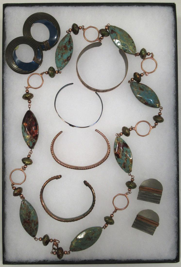 7 pc. Vintage Copper Jewelry: Inc. 32" Copper & Faux Copper Fluss Bead Necklace- 4 Copper Cuff Bracelets- Pr. Geometric Silvertone/Copper Earrings- Pr. 1 3/4" Copper Wrapped Earrings