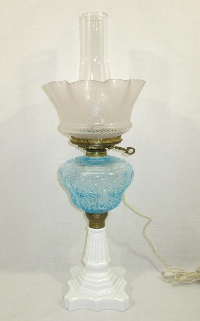 EAPG Kerosene Banquet Lamp w/ Ice Blue Font & Etched: 6"W x 14 1/2"T to shade ring, 5" x 8 1/4" shade