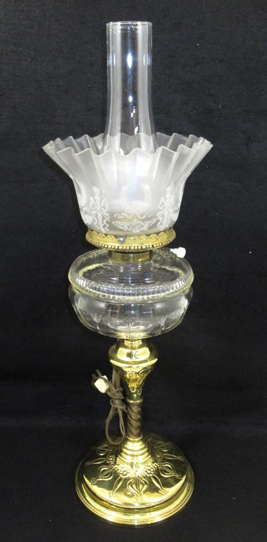 Banquet Oil Lamp w/ Cut Glass Font: 16"T to shade ring x 7"w, 4 3/4" x 8" shade