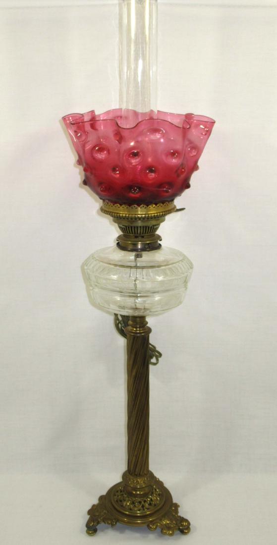Banquet Oil Lamp w/ Cut Glass Font: 22"T to shade ring, 7"W, 5 1/4" x 8 1/2" shade