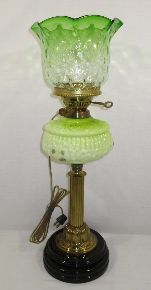 Green/Yellow Banquet Oil Lamp: 18 1/4"T to shade ring x 7 1/8"W, 5 3/4"T x 8" shade