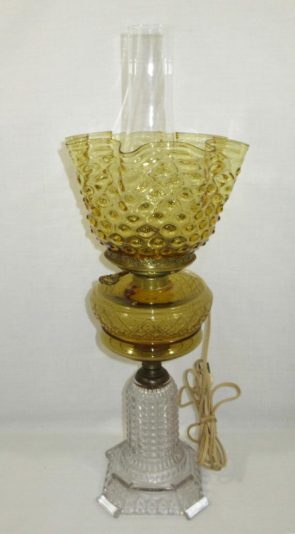 Amber Banquet Oil Lamp: 13"T to shade ring x 5 3/4"W, 5 1/2"T x 8 1/8"W shade
