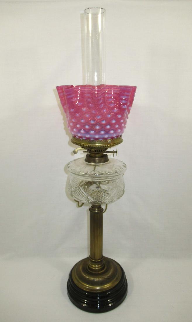 Cut Glass Banquet Oil Lamp w/ Cran. Opal. Shade: 18 1/2"T to shade ring x 7 1/4"W, 5 1/2"T x 8" shade