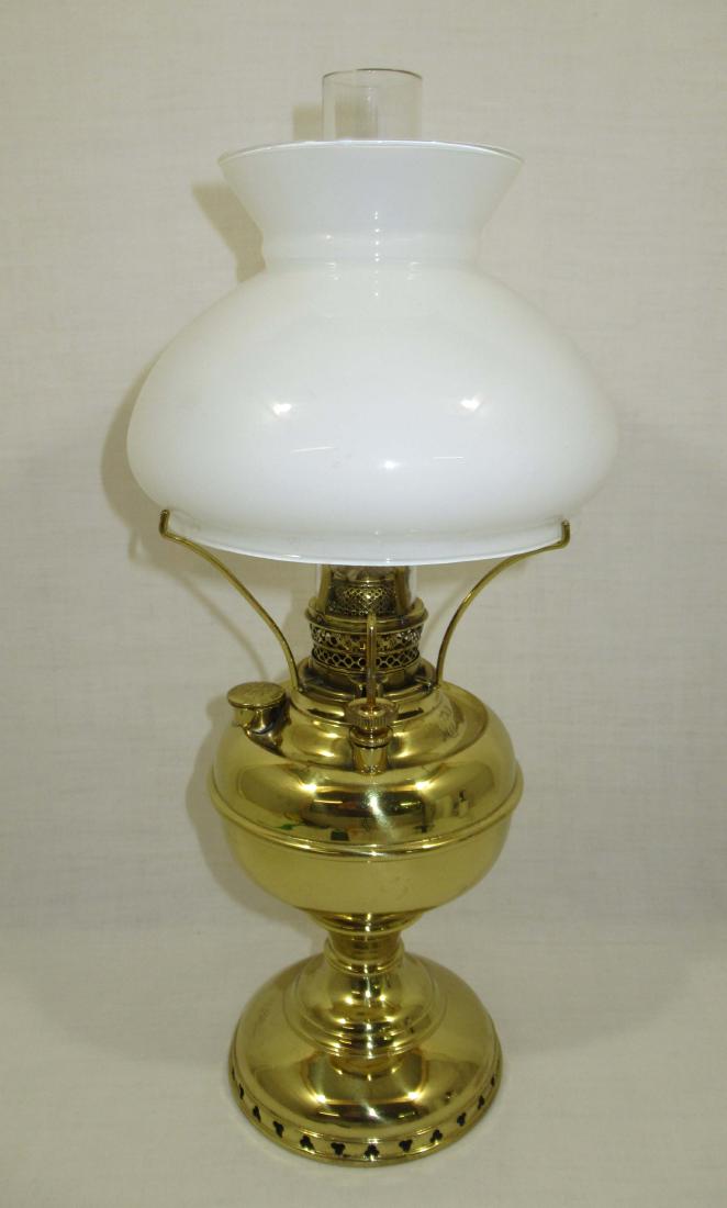 Brass "The Miller Oil Lamp": 10"T to top of shade holder, 4 3/4"W base, 6 3/4"W x 4 3/4"T shade
