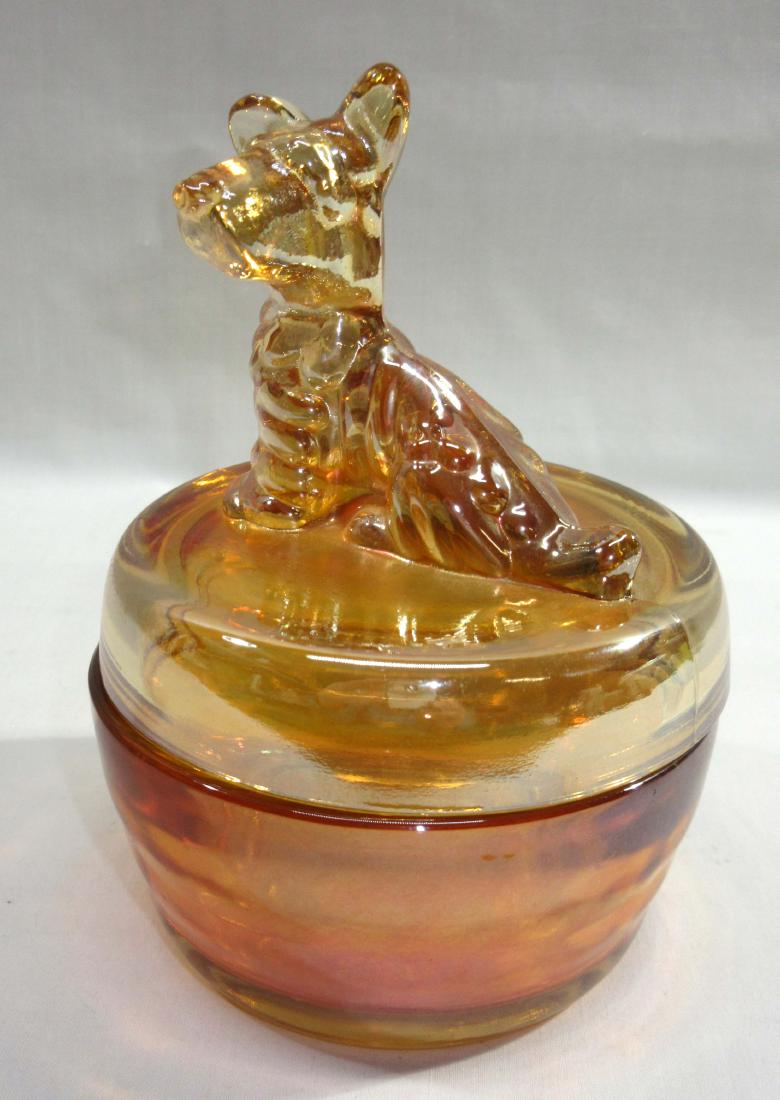 Carnival Glass Scotty Dog Powder Jar: 5 1/2" T x 4" W