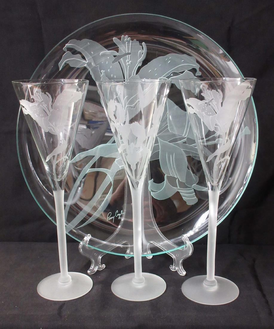 Sgnd. Perry Coyle Tray & 3 Stemware: Tray- 14 5/8", stemware- 11 3/4"T x 3 3/4"W