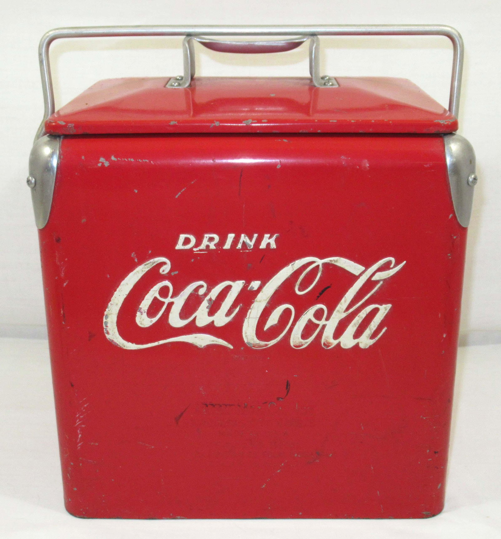 Coca Cola Cooler: 13 3/4"T when handle is up x 13" x 9 1/4"