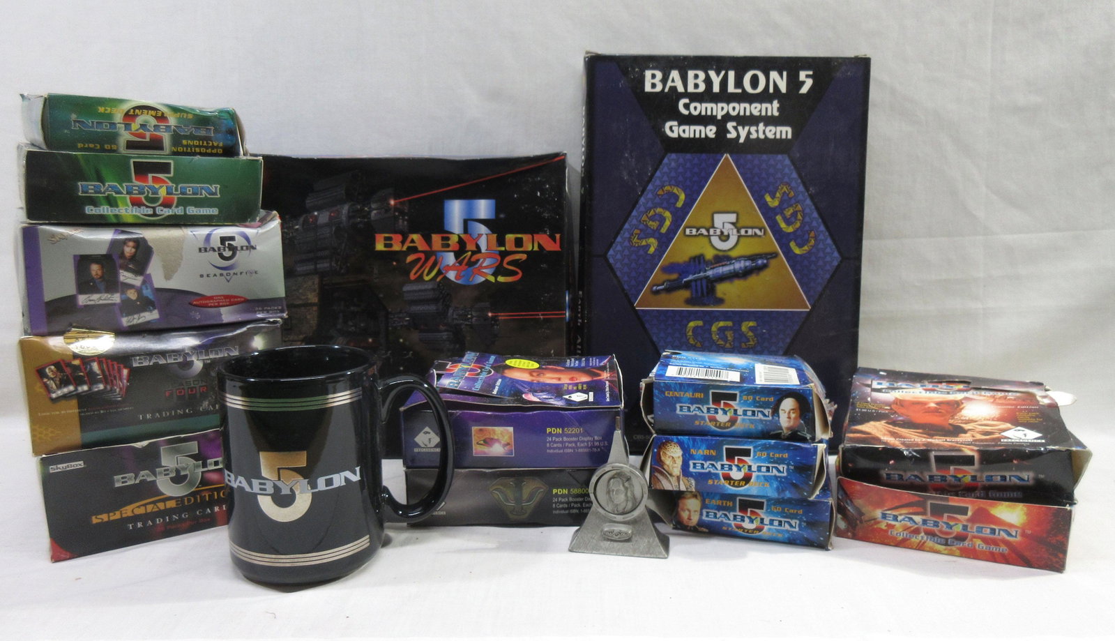 Lg. Lot of Babylon 5 Cards, Games, Etc.: 17 Boxes, Card, & Mug