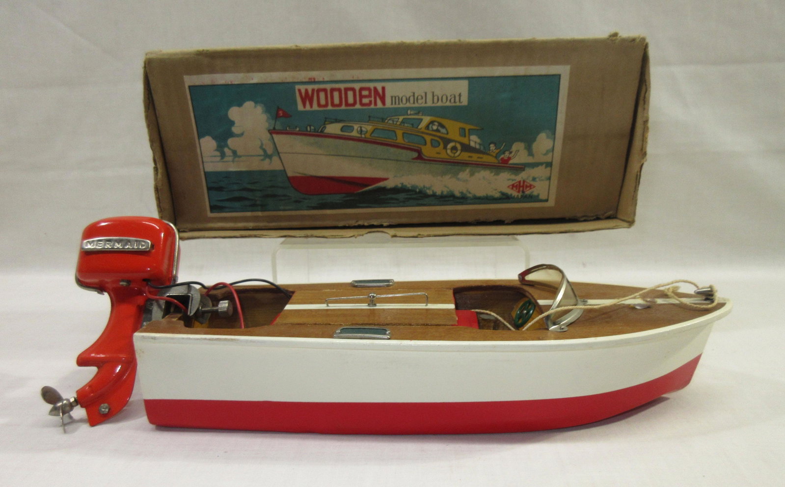 Toy Wooden Boat w/ Outboard Motor Orig. Box: 9"L