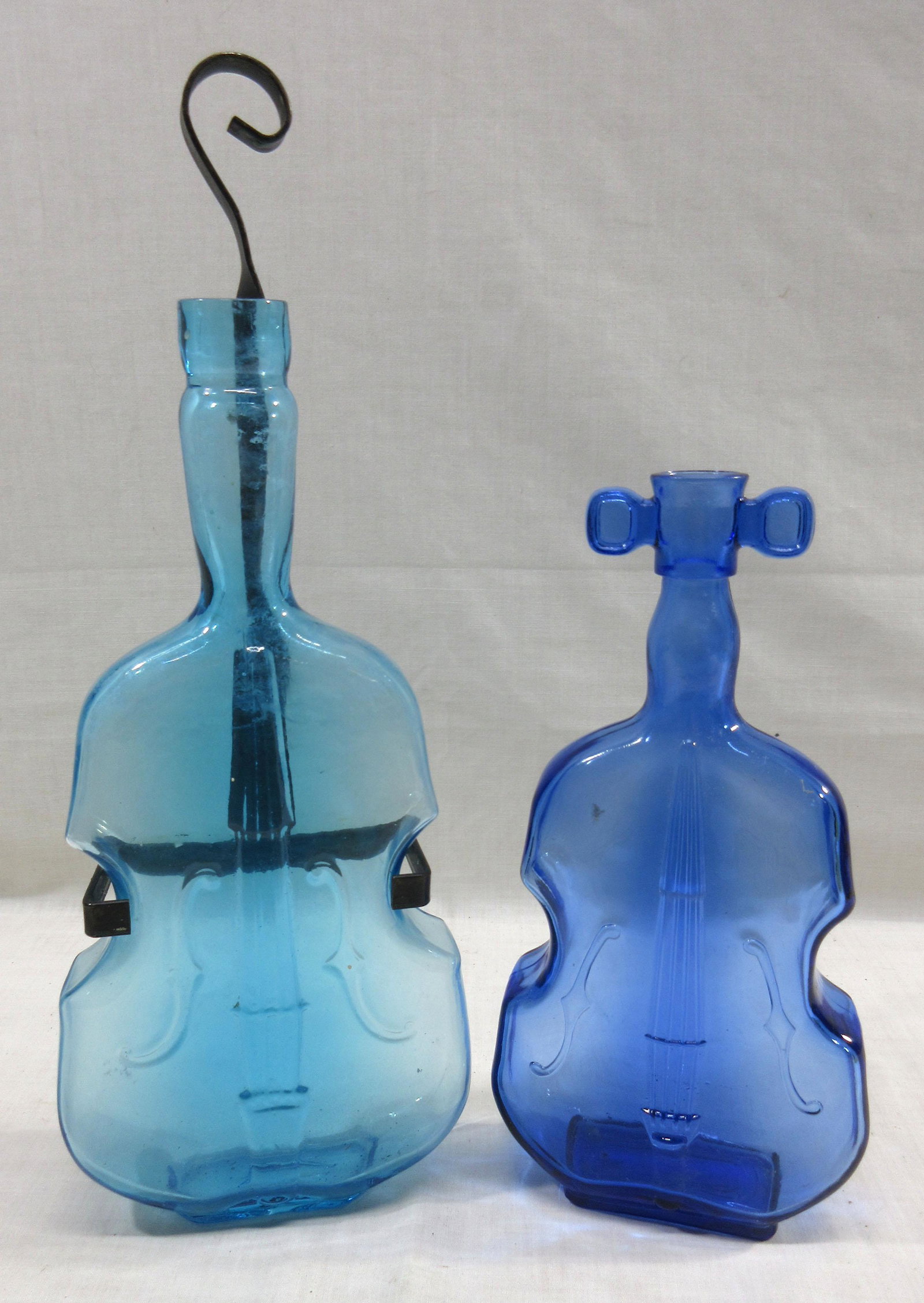 2 Vtg. Violin Bottles 1 w/ Hangers: 8"T x 4"W, 12"T x 4 1/2"W