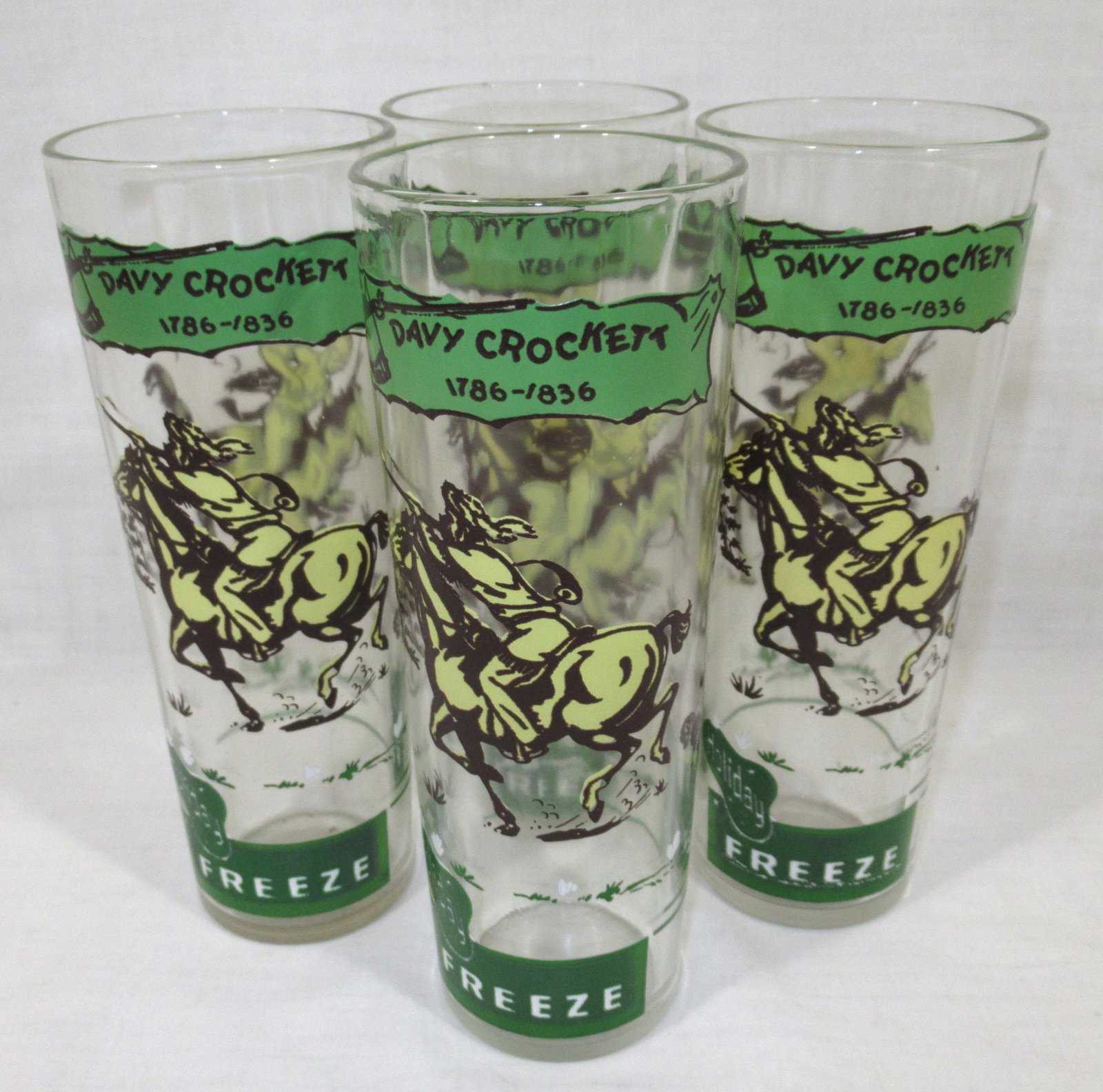 Set of 4 Davy Crockett Glasses: 7"T x 2 5/8"