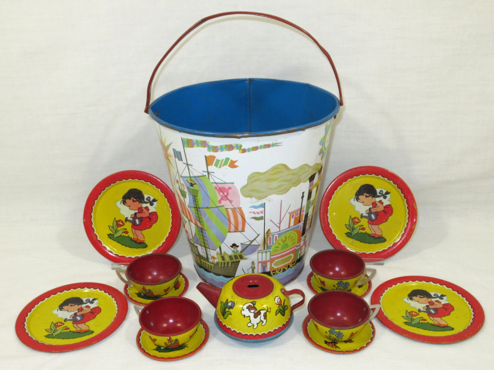 Ohio Art Tin Tea Set & Tin Pail: 14pc 7 1/4"T x 7 1/2"W pail, 2"T teapot