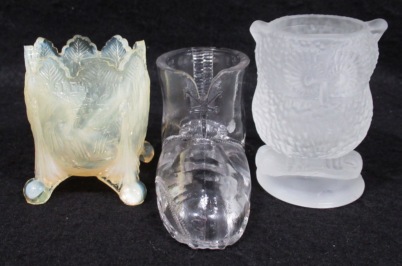 3 Toothpick Holders Owl, Boot, & Sleepy Eye: 2 1/8"T - 2 7/8"T