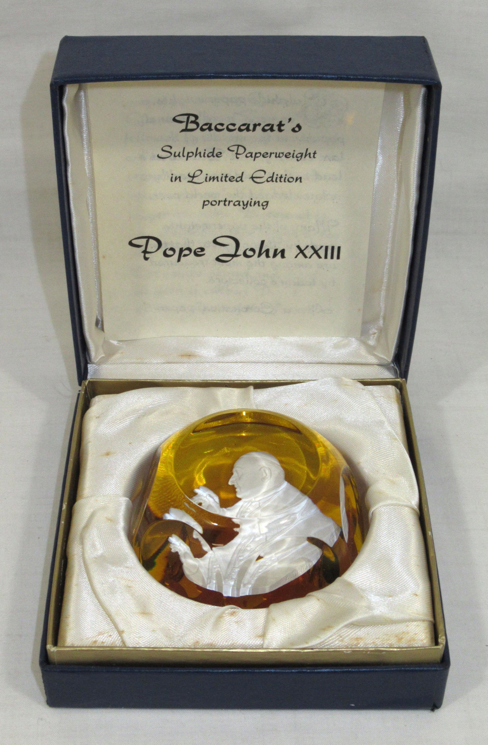Sgnd Baccarat Sulfide Paperweight, Pope John XXIII: 2" x 4 1/4" box