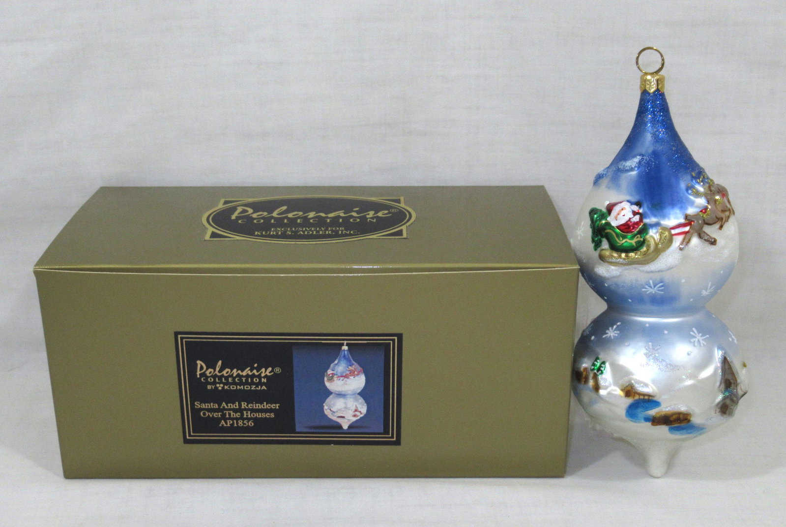 Polonaise Christmas Ornament N.I.B.: Santa and Reindeer Over the Houses 6 1/2"T