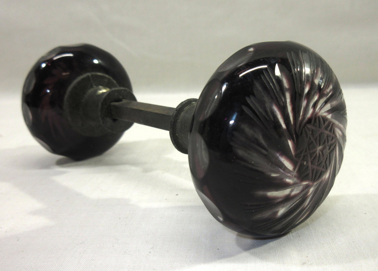 Pr Purple Cut to Clear Glass Door Knobs: 5 3/4"L x 2 1/4"