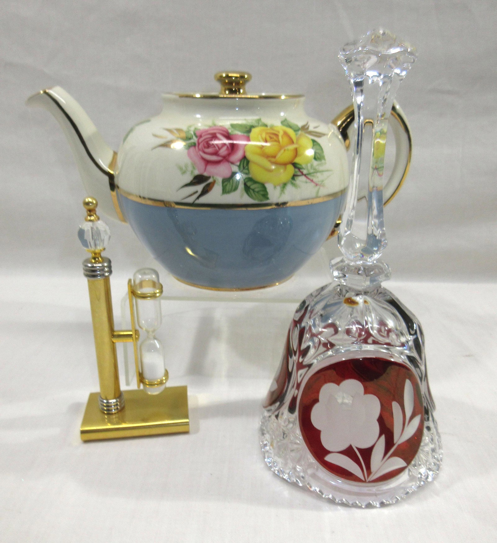 Egg Timer, Crystal Bell & Teapot: 8" teapot, 8" bell