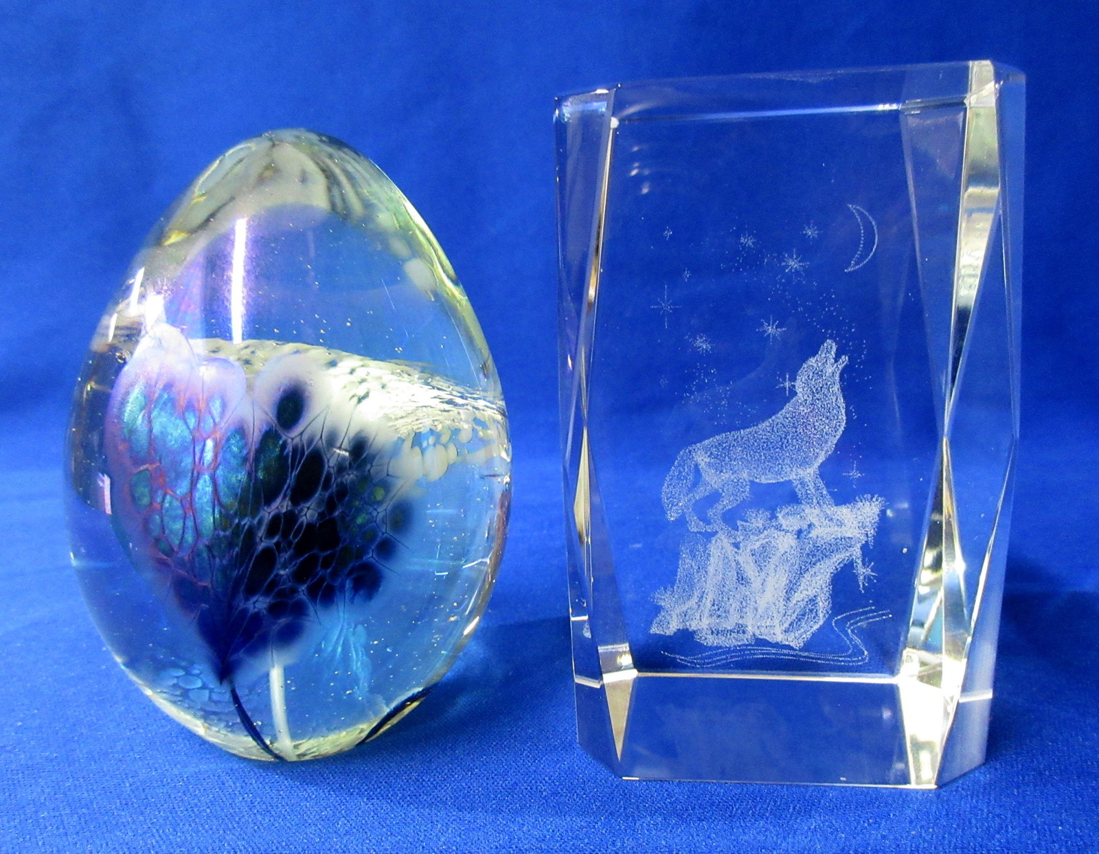2 Paperweights: Egg is artist sgnd, wolf etched, bother are approx. 3 1/8"T